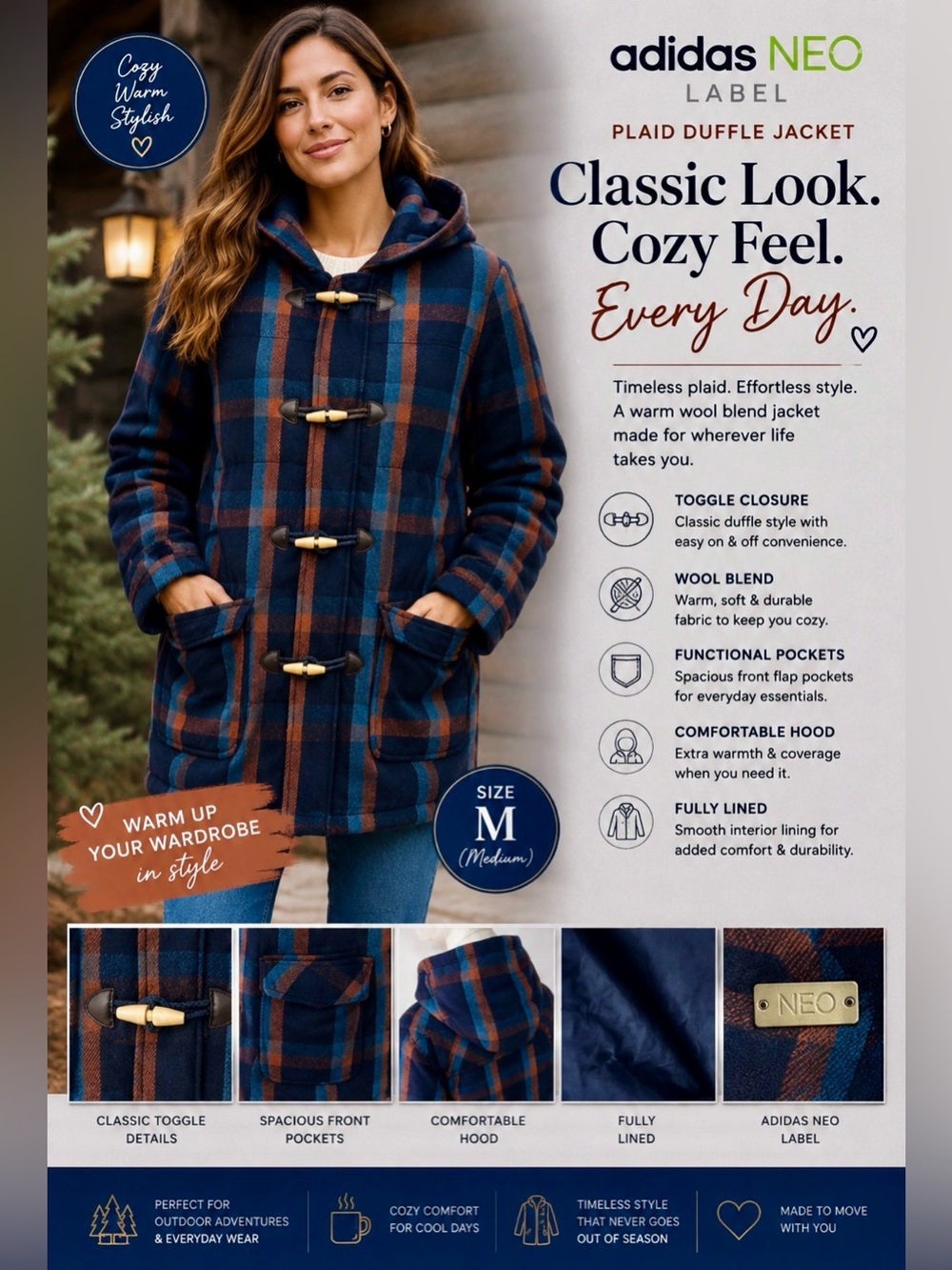 Adidas NEO Label Dark Blue plaid Jacket Wool blend zip front toggle buttons Med